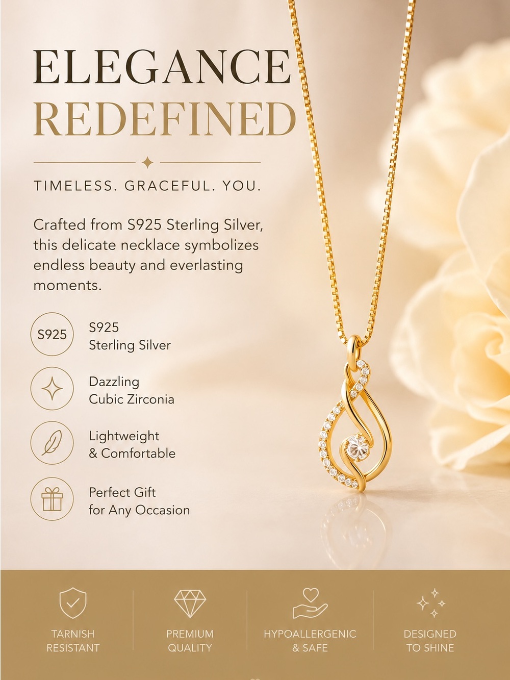 S925 Gold Cubic Zirconia Teardrop Necklace - Elegant Women's Jewelry-16”